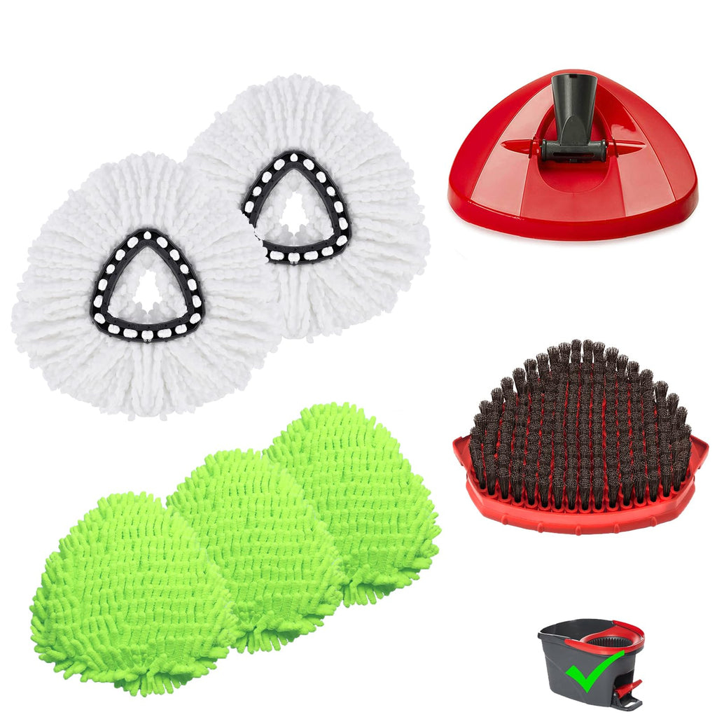 Upgraded Scrub Brush Compatible with O-Cedar EasyWring 1 System 7 Pack Triangle Mop Reusable Mop Pads Mop Head Mop Replacement Set with Base for Deep Clean White and Green
