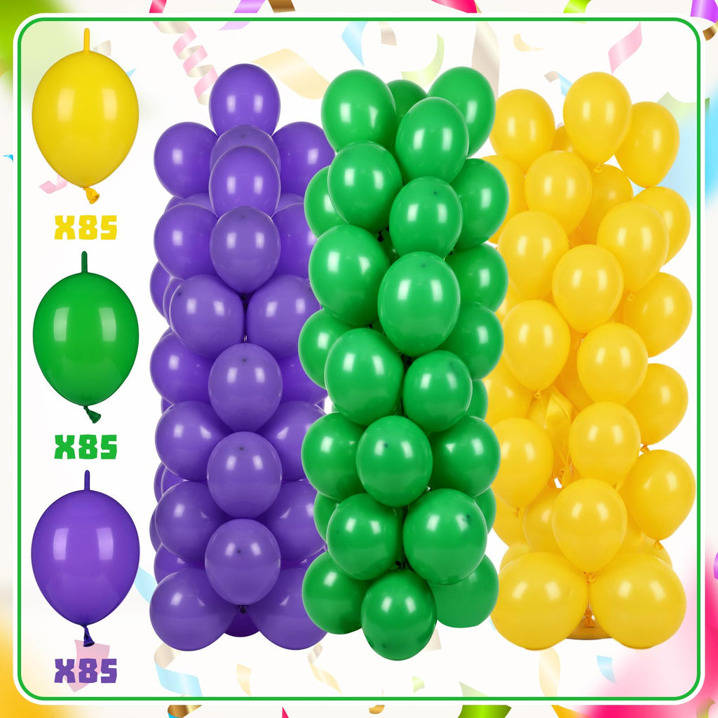 Soulchen 255 Pcs 6 Inch Mardi Gras Linking Balloons Decoration Green Gold Purple Link Balloons Jumbo Mardi Gras Bead Garland Ball Banner for Indoor Outdoor Carnival Birthday Wedding Graduation Decor