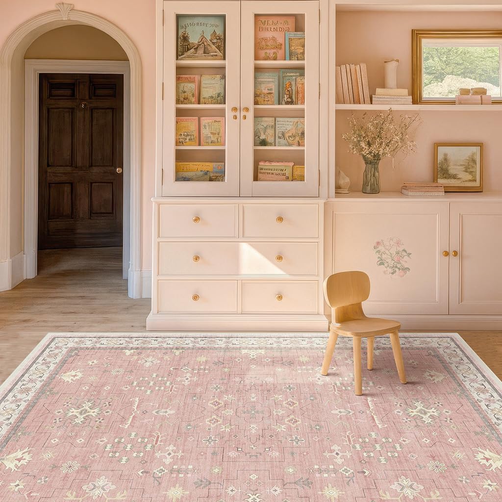 Skiennix Blush Pink Girls Rug - Floral Nursery Area Rug 5x7, Machine Washable Non-Slip Play Mat