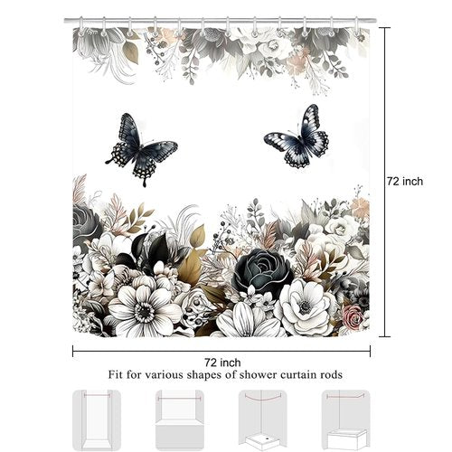 Aqrbeci Black White Floral Shower Curtain, Flower Butterfly Shower Curtains for Bathroom Grey Floral Leaf Waterproof Fabric Bathroom Curtains 72x72 Inch with 12 Plastic Hooks