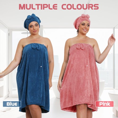 Emdelifo Plus Size Bath Towel Wrap for Women (XXL-XXXXL) with Hair Towel, Oversize Shower Wrap Dress Spa Bathrobe, Comfortable Adjustable Body Wrap, Dry Quickly, 82.68x31.5'', Pink