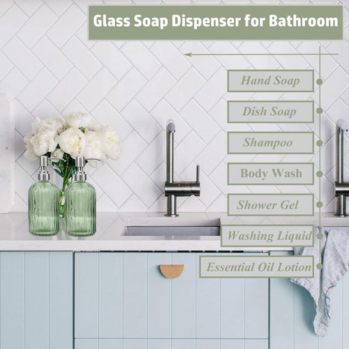 14Oz Green Soap Dispenser Bathroom - 2 Pack, Clear Glass Hand Soap Dispensers with Stainless Steel Pump, Refillable Dish Soap Dispenser for Kitchen, Countertop Soap Dispensers