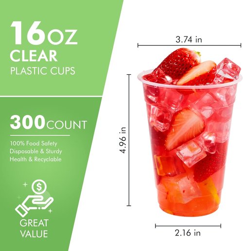 FOCUSLINE 16 oz Clear Plastic Cups - 300 Pack Disposable Drinking Cups for Water, Juice & Soda