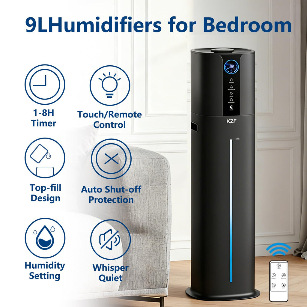 KZF 9L Smart Humidifiers for Bedroom Large Room, 2.3Gal Cool Mist Top Fill Diffuser App & Remote Control, 3 Mist Modes, Quiet Humidifier for Home Office Plant (9L Black App)