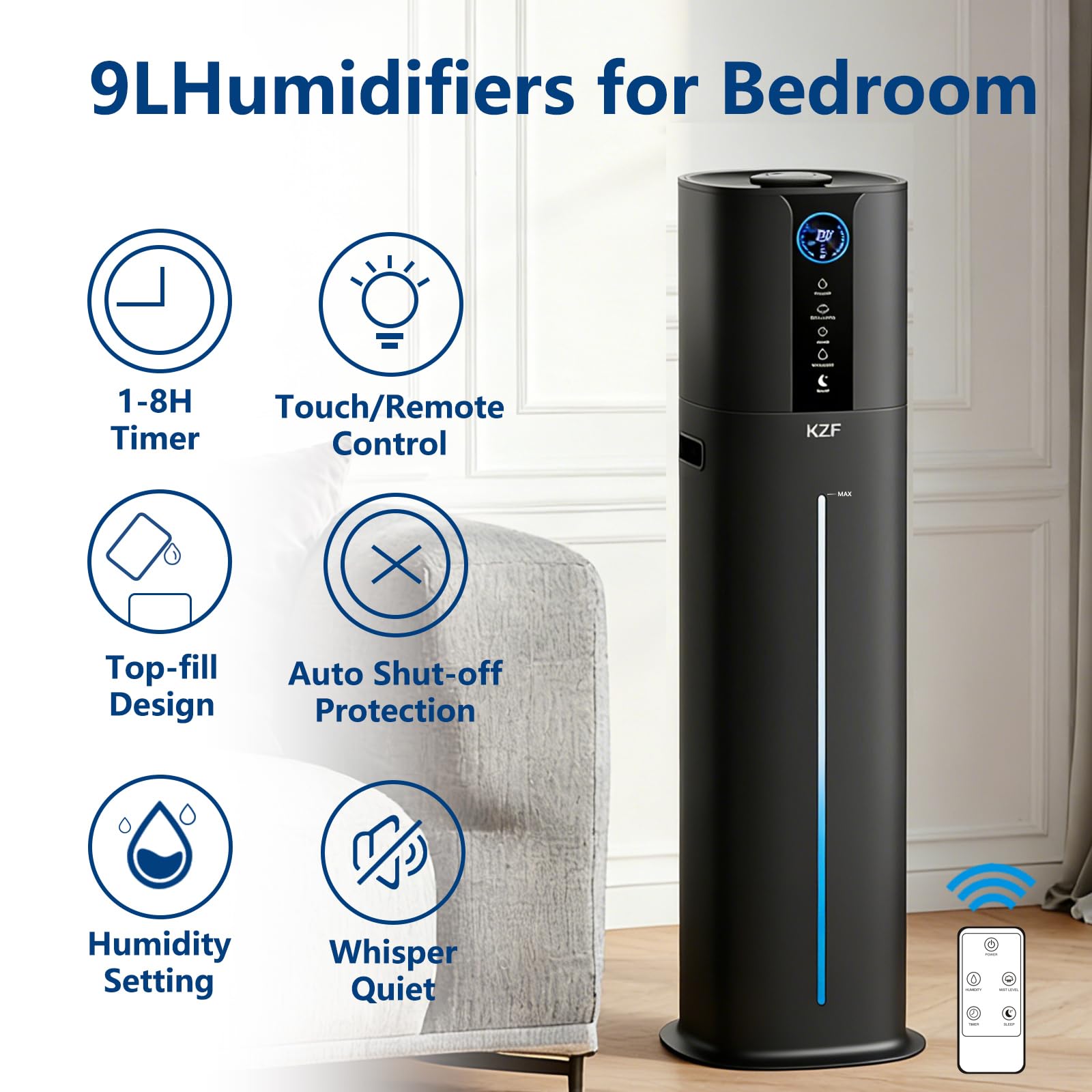 KZF 9L Smart Humidifiers for Bedroom Large Room, 2.3Gal Cool Mist Top Fill Diffuser App & Remote Control, 3 Mist Modes, Quiet Humidifier for Home Office Plant (9L Black App)