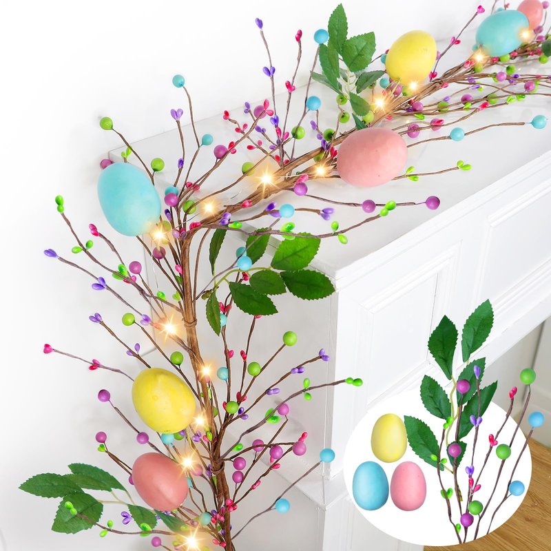 6 Ft 20 LED Easter Decorations Easter Garland with Lights Timer Colorful Eggs Mixed Berried Green Leafed Artificial Easters Egg Garland Spring Garlands for Home Mantle Fireplace Table Indoor Outdoor