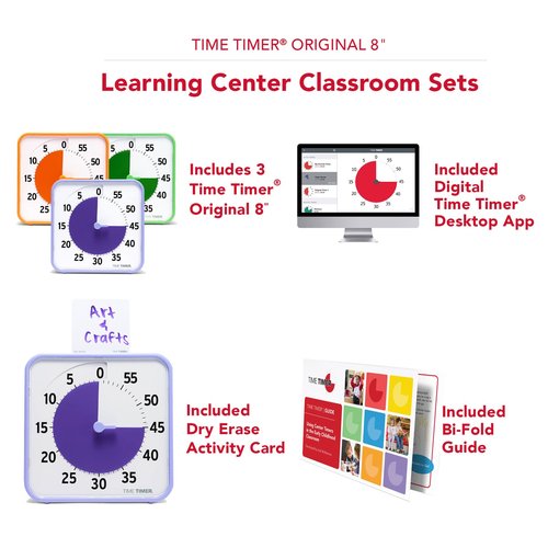 Time Timer 8 Inch Learning Center Classroom Set — 60 Minute Visual Timer for Kids with Dry Erase Activity Cards for Kids Classroom, Learning Centers and Teachers Desk Clock, Secondary (3-Pack)