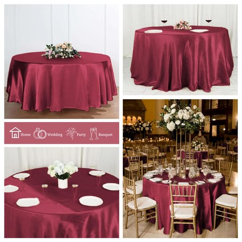 Pesonlook 12 Pack Burgundy Round Tablecloth, 120 Inch Satin Fabric Tablecloth for Round Table, Wrinkle Resistant Washable TableCover Bright Silk TableClothes for Wedding Party Dining Table Banquet