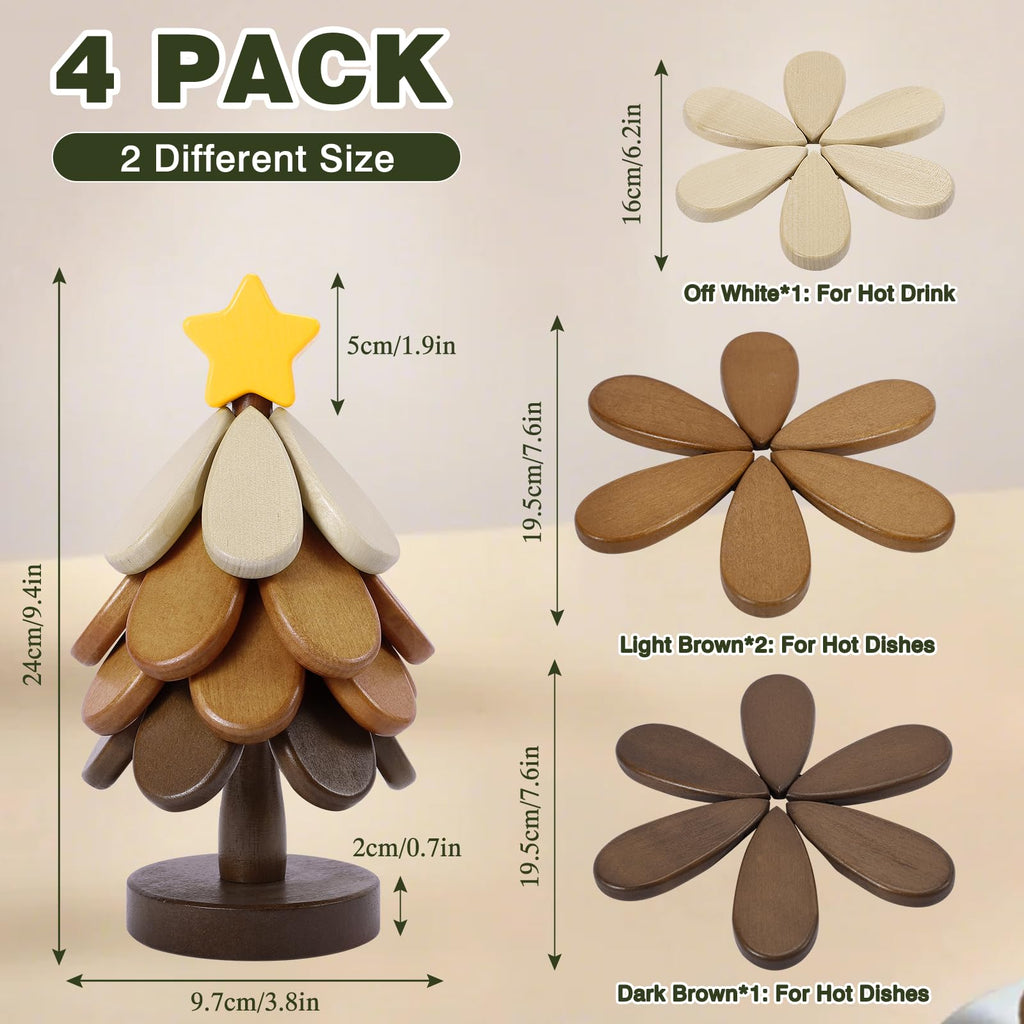 Wooden Tree Trivets for Hot Dishes,Tree Shape Trivet Set of 4 for Hot Pot Pans, Wood Coasters for Bowls Teapots Drinks Plates, Home Table Decor(Walnut Wood)