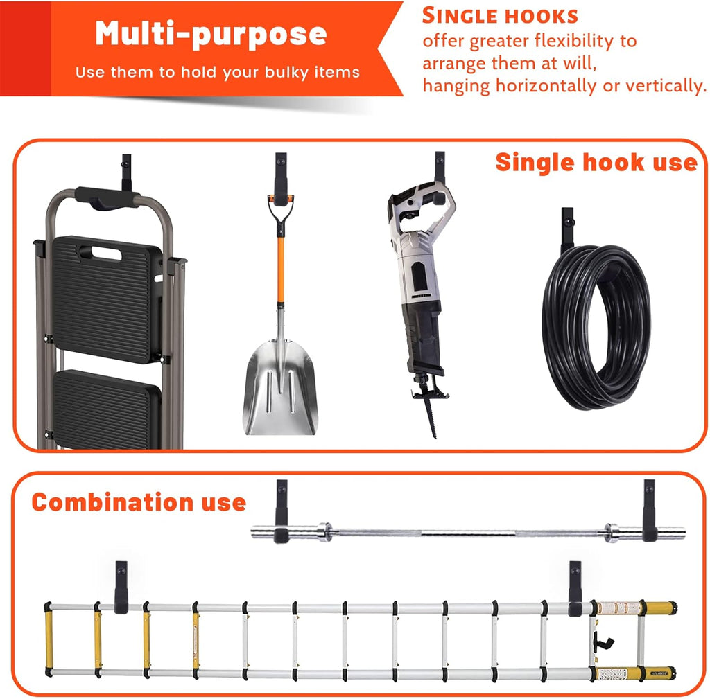 Skiennix Garage Storage Hooks - Heavy Duty Steel Wall Mount Ladder Hangers | 4 Pack, 88lbs Capacity