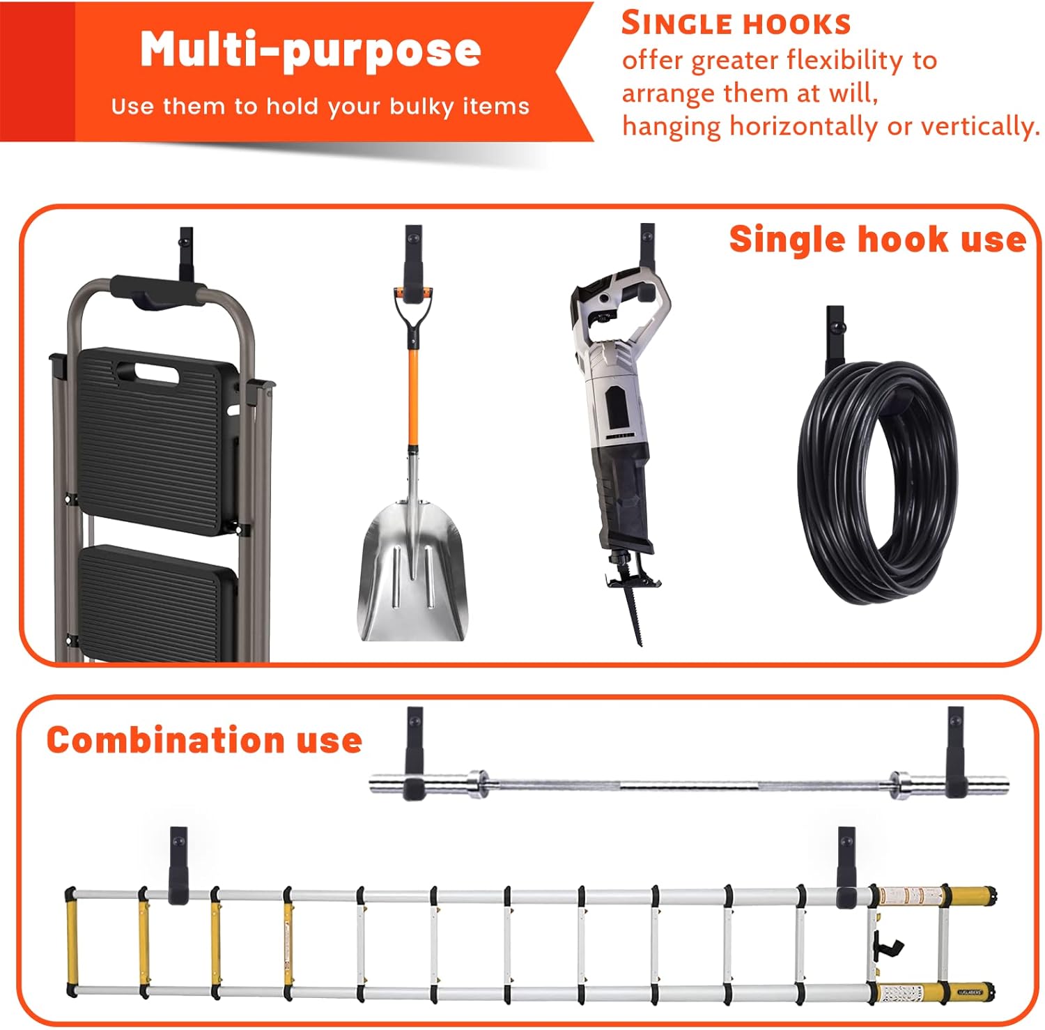 Skiennix Garage Storage Hooks - Heavy Duty Steel Wall Mount Ladder Hangers | 4 Pack, 88lbs Capacity