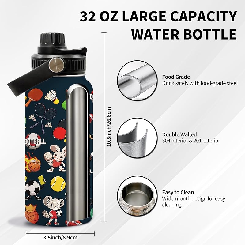 Ball-Shaped 32oz Insulated Water Bottle, Leak-Proof Stainless Steel, Soccer/Football Style