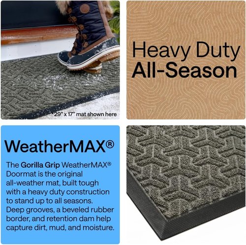 GORILLA GRIP Waterproof All-Season Doormat - Natural Rubber, Stain & Fade Resistant, 29x17, Slate Geometric