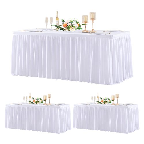 3 Pack White Polyester Table Clothes for 8 Foot Rectangle Tables, Wrinkle Free Fitted Table Cover with Pleated Ruffle Table Skirt for Birthday Party Wedding Trade Show Event Display