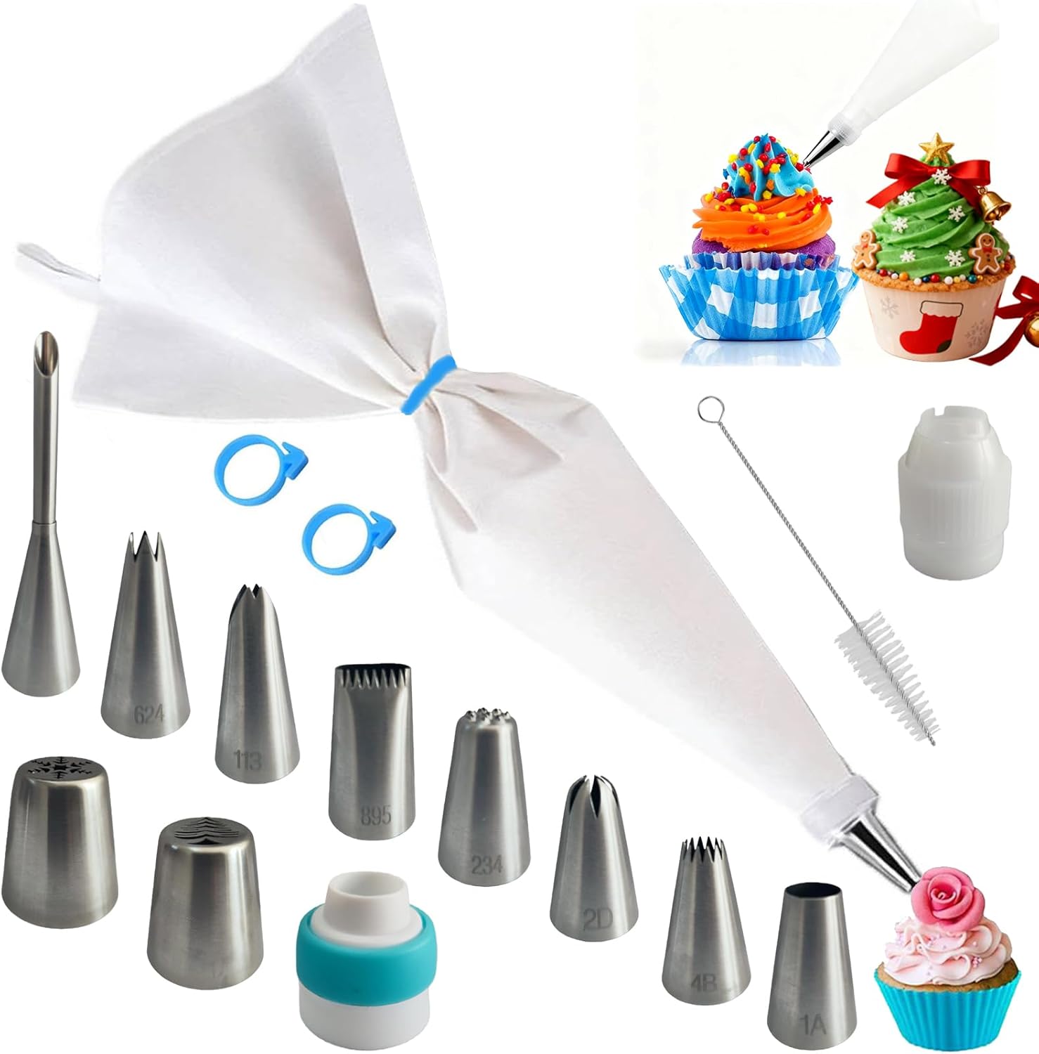 Reusable Cotton Piping Bags Set by [Brand Name] - 16" Large Pastry Bag with 10 Icing Tips & 2 Couplers for Cake Decorating