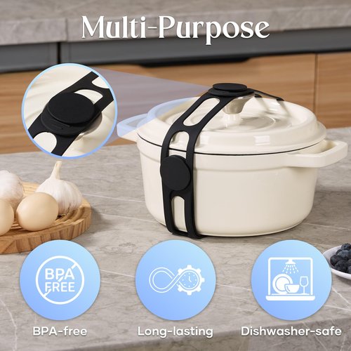 Fewoaei Silicone Latch Strap for Slow Cooker Lid, Pot & Food Storage - 2-Pack Black, Reusable Universal Lid Lock & Adjustable Silicone Straps for Cooking