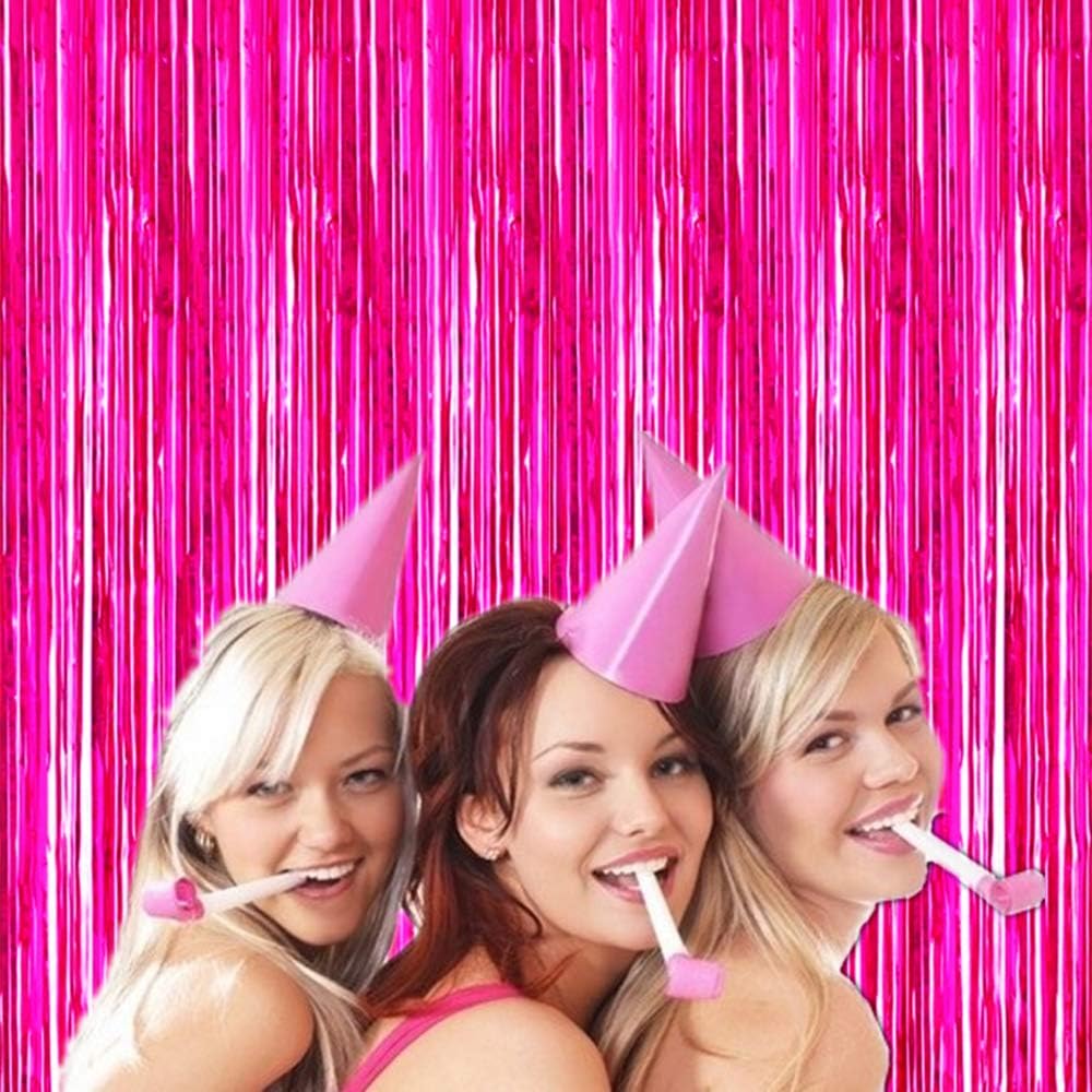 Skiennix Shiny Hot Pink Metallic Tinsel Foil Fringe Curtains - 3.2ft x 8.2ft Photo Booth Backdrop for Celebrations