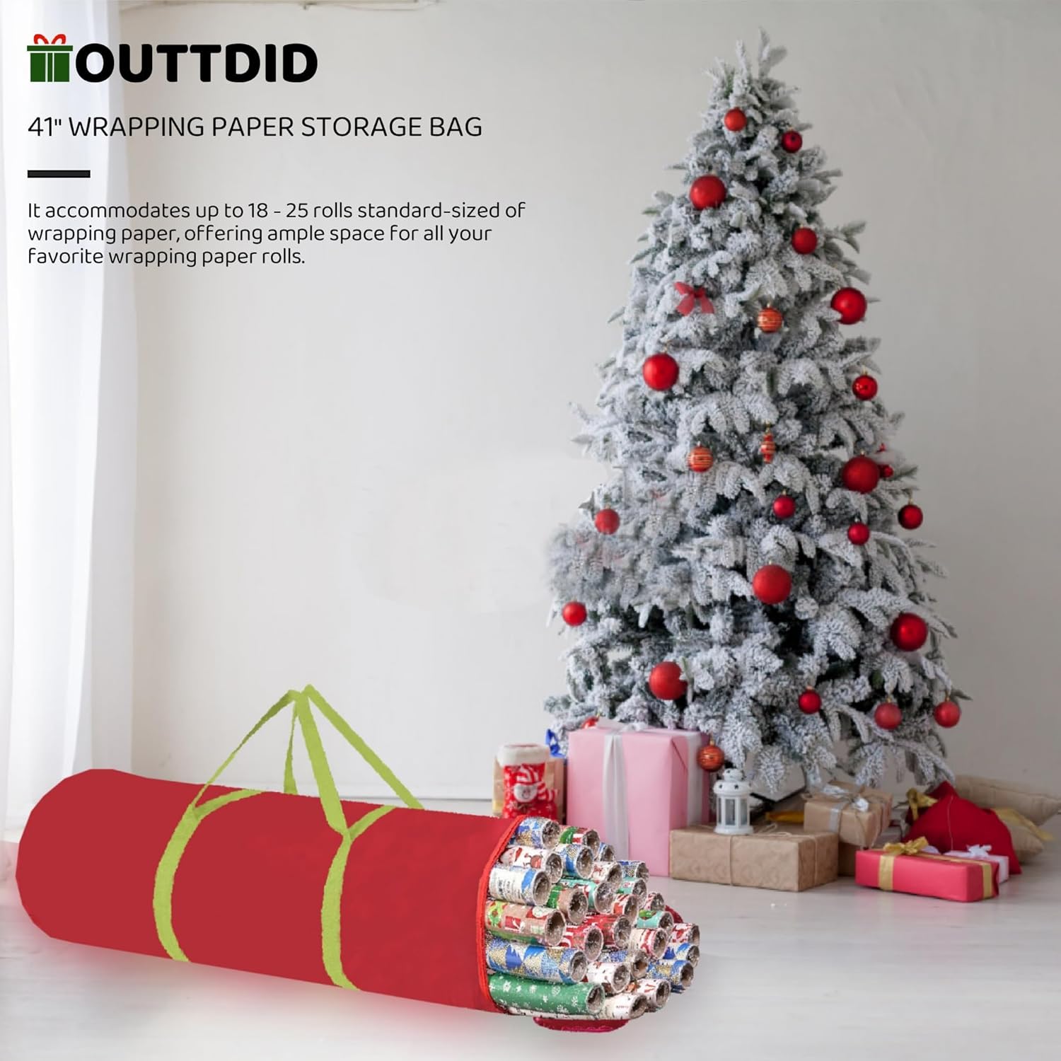 OUTTDID Christmas Wrapping Paper Organizer - Durable 600D Oxford Fabric Storage for 18-25 Rolls | Red with Handles and Zipper