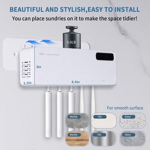 ZOZOO UV Toothbrush Sanitizeri Holder with 99.9% Cleaning,Air Dry,Heating,5+1+1 Slots,12 Hour Memory,Rechargeable Wall Mounted Strong Adhesive Toothbrush Holder with Cover for Bathroom(White)