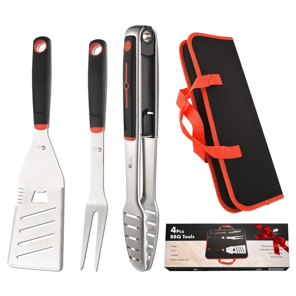 CuCut BBQ Tools Set, 4 PCS Heavy Duty Stainless Steel Spatula, Fork, Tongs with Portable Bag, Essential Accessories for Barbecue Outdoor Grill, Grilling Gifts for Men Dad Camp Chef