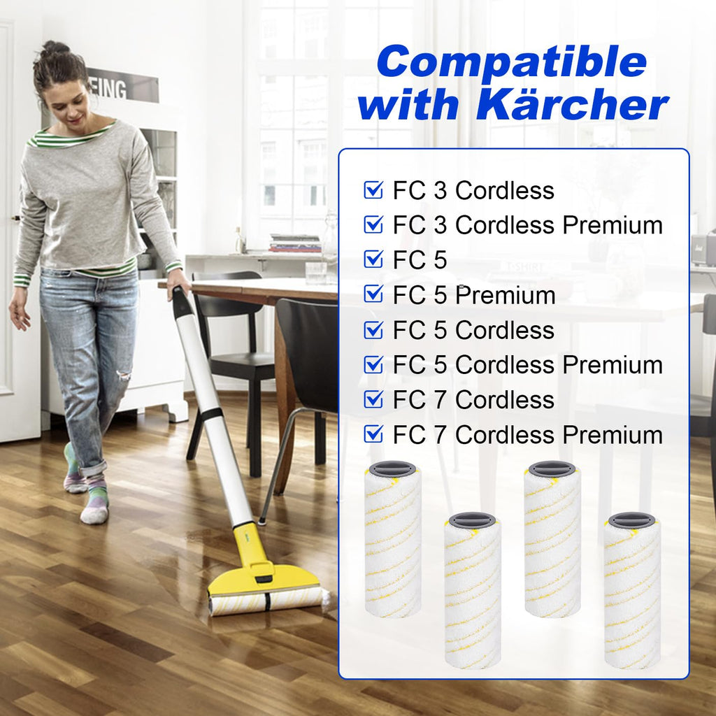 SavStor Roller Brush Replacement Compatible for Karcher FC3, FC5, FC7 Electric Floor Cleaner Mop, Mircofiber Main Brush Spare Part Accessories, Original Roller Brush,Yellow (4 Pack)
