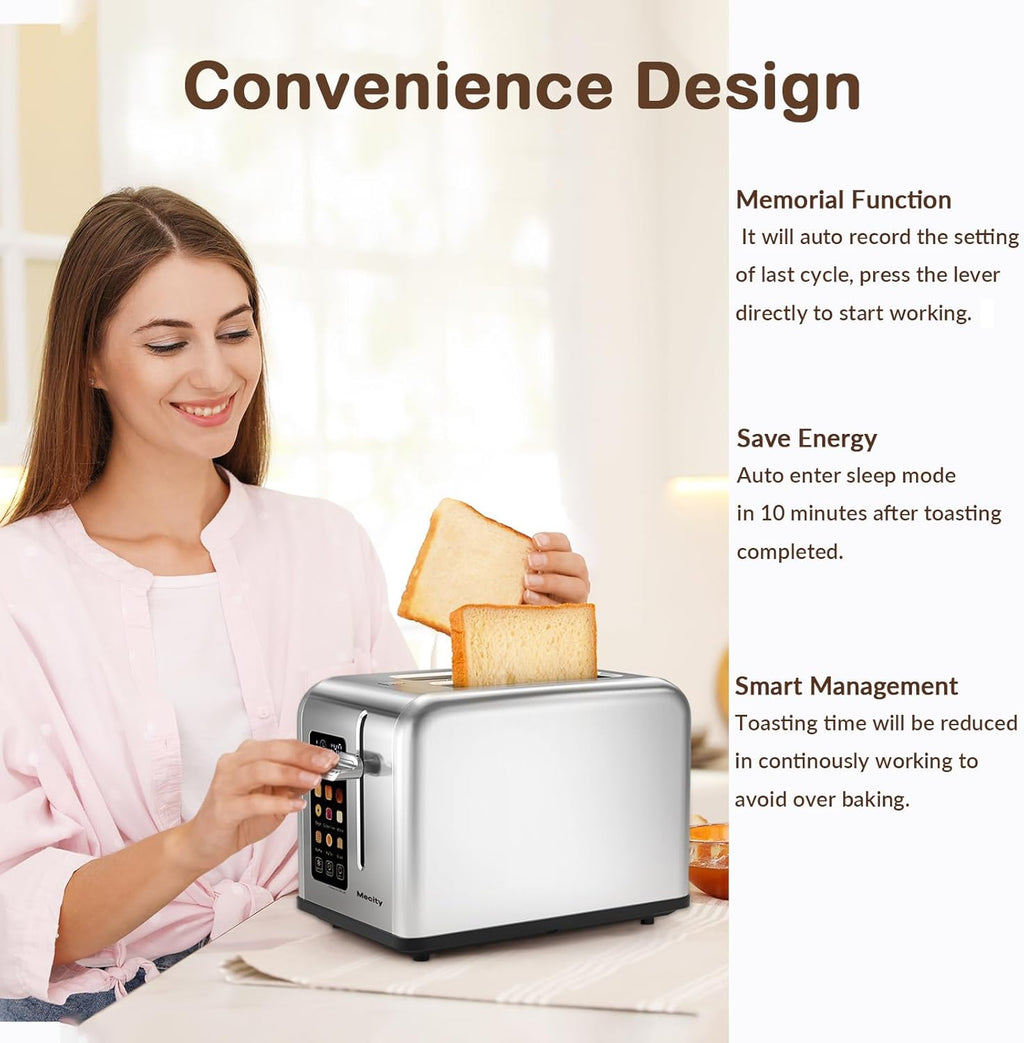 Mecity Stainless Steel 2-Slice Toaster - Touch Screen, 1.5" Wide Slot, Timer & Defrost Functions