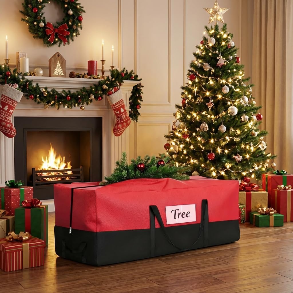 PLTCAT Christmas Tree Storage Bag - Heavy Duty 10-12 Ft Artificial Tree Container with Zipper & Pocket - Red