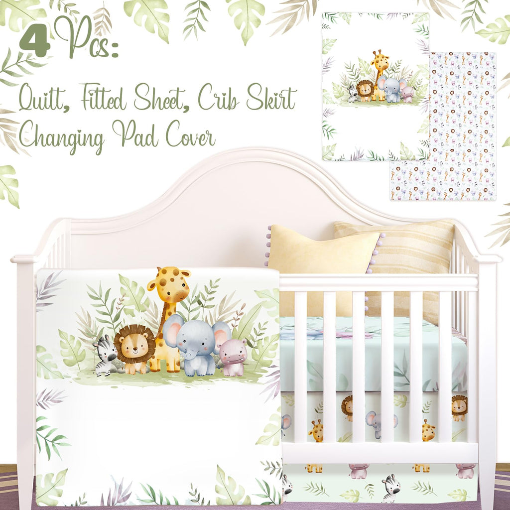 Hahafelt 4 Pieces Baby Crib Bedding Set for Girls and Boys, Soft Baby Bedding Set Including Crib Skirt, Comforter, Sheet and Diaper Stacker for Nursery (Wildlife Theme)