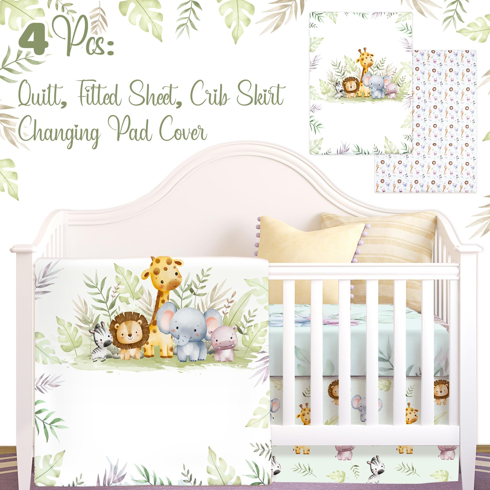 Hahafelt 4 Pieces Baby Crib Bedding Set for Girls and Boys, Soft Baby Bedding Set Including Crib Skirt, Comforter, Sheet and Diaper Stacker for Nursery (Wildlife Theme)
