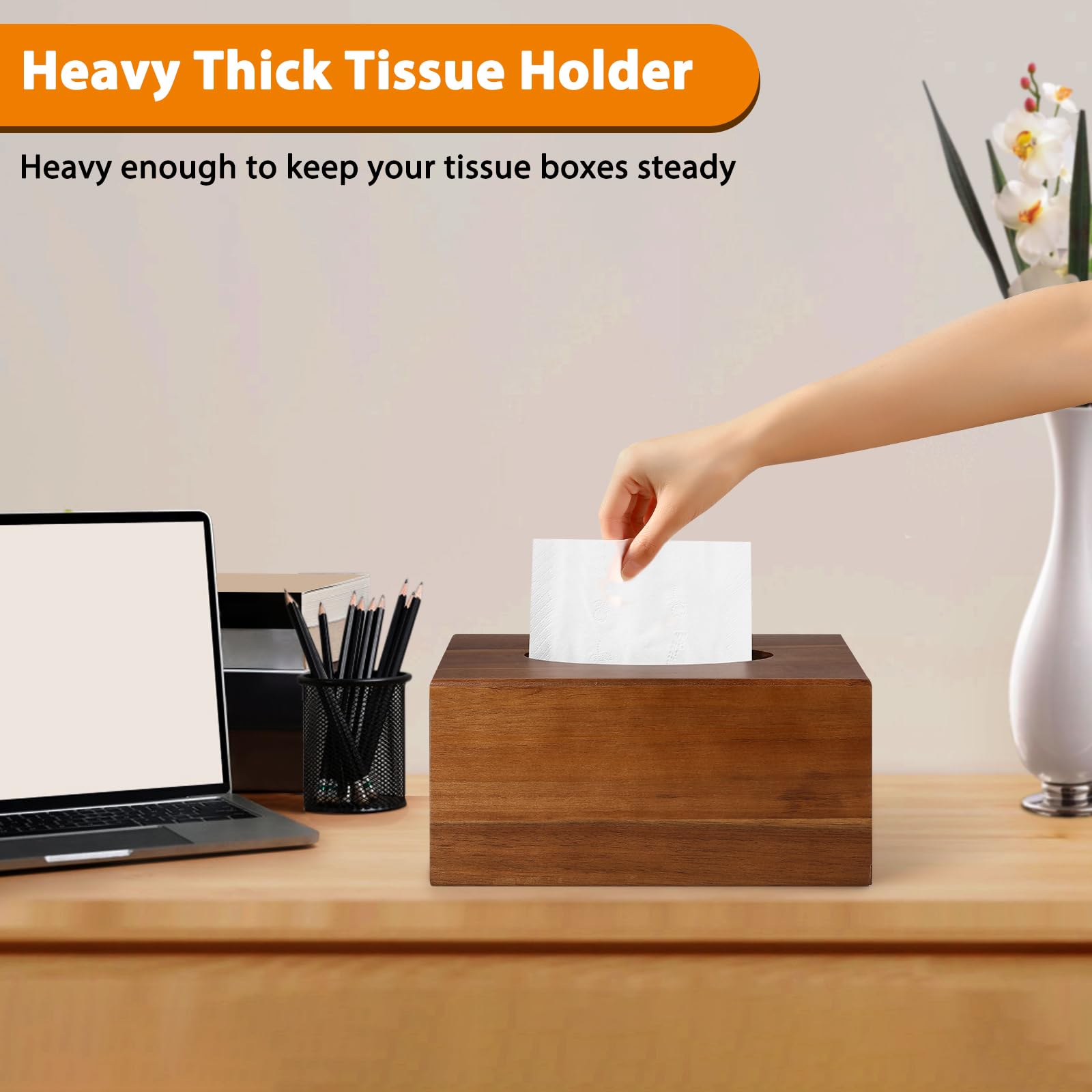 2 Pack Wood Tissue Box Cover Rectangular- Acacia Wood Rectangle Wooden Tissue Box Holder for Tabletop Night Stands Bathroom Office - Decorative Facial Cube Tissue Box Cover for Modern Farmhouse Decor