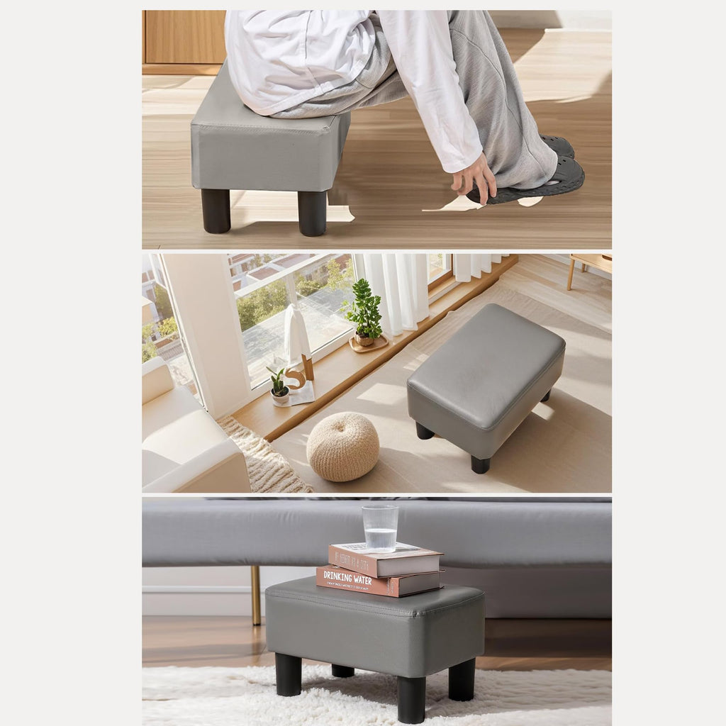 VECELO Small Foot Stool Ottoman, PU Foot Rest with Legs, Rectangle Footrest for Living Room Couch, Gray