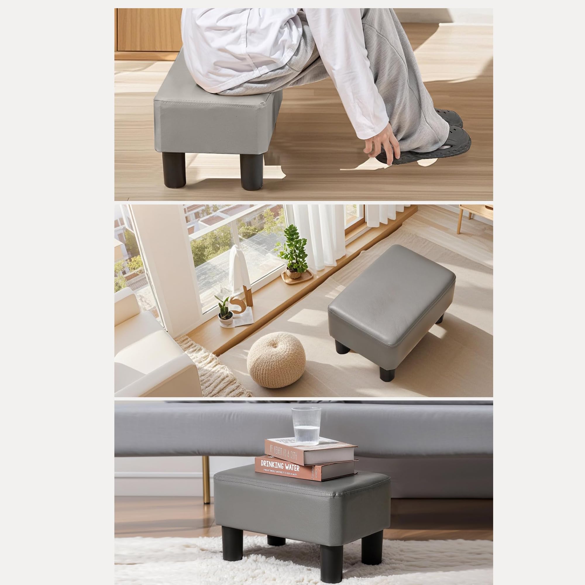 VECELO Small Foot Stool Ottoman, PU Foot Rest with Legs, Rectangle Footrest for Living Room Couch, Gray