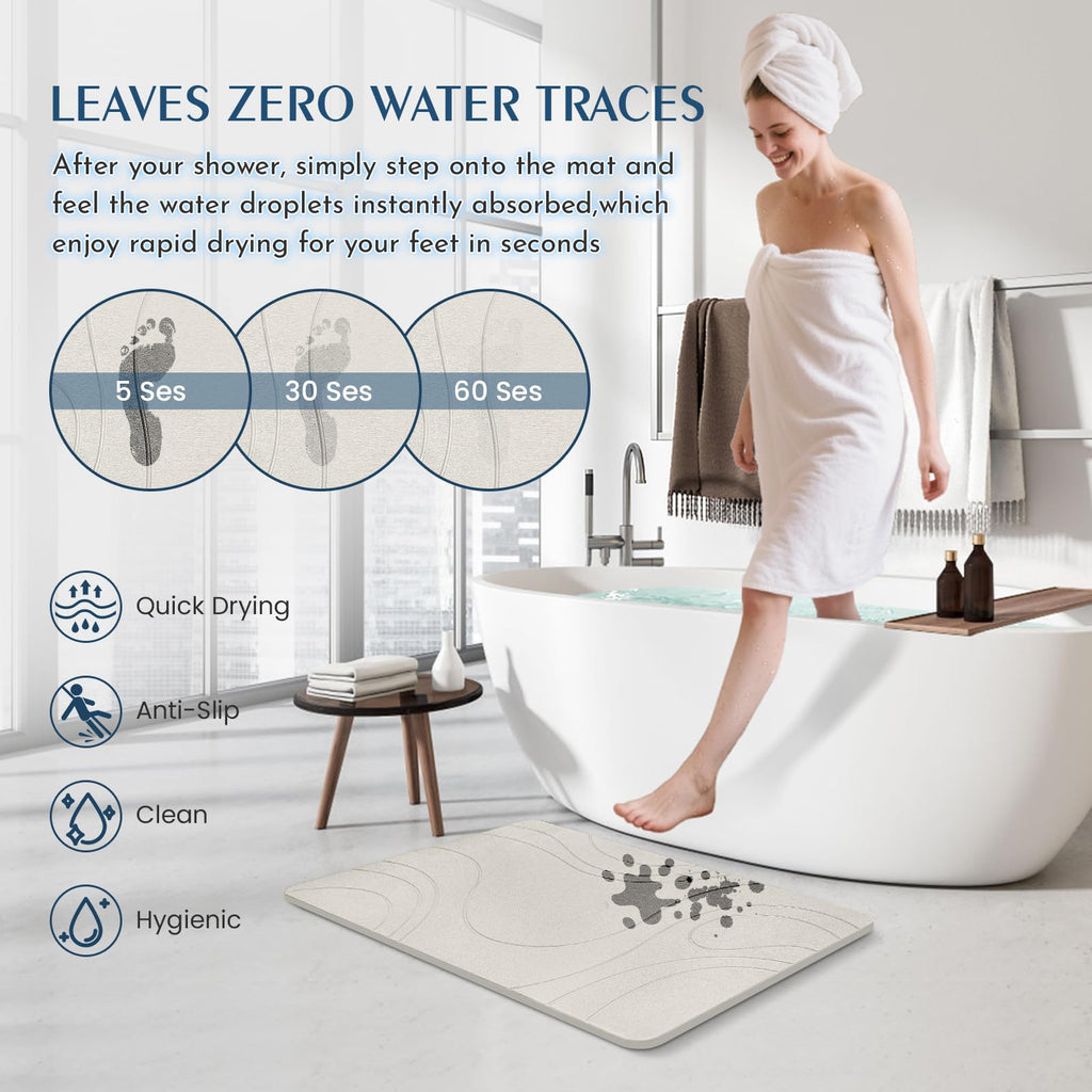 Stone Bath Mat Quick Dry Diatomaceous Earth Bath Mat Non-Slip Shower Stone Bathmat Super Absorbent Water Diatomite Bathroom Floor Pad Elegant,Natural,Esay to Clean (Flow Line-Beige)