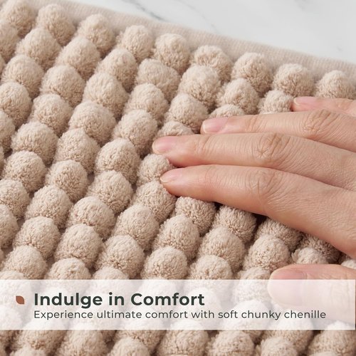 FRESHMINT Thick Chunky Chenille Bath Rug - Non-Slip, Soft & Water Absorbent | 17"x24", Beige