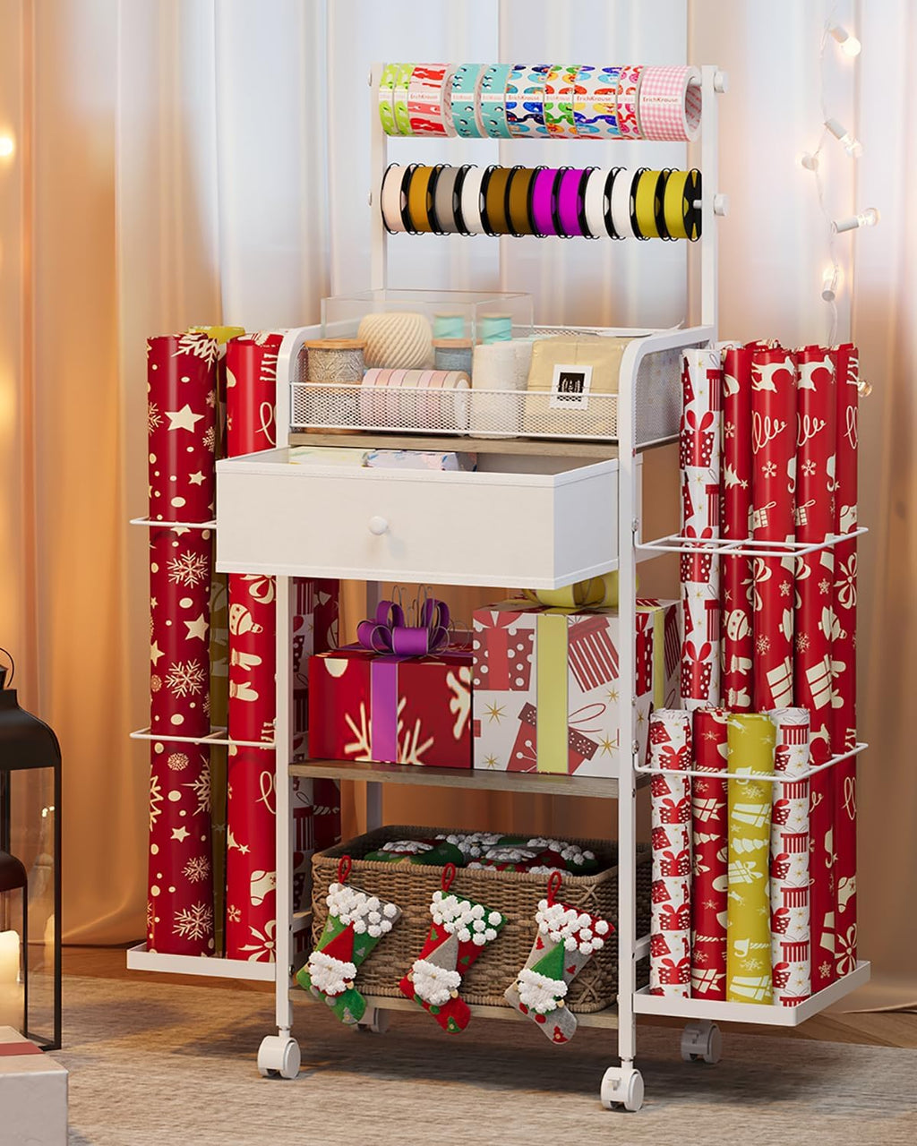 Rsaayekkt Wrapping Paper Storage Cart - Rolling Gift Wrap Station with Fabric Drawer & Ribbon Holder | Metal Craft Organizer