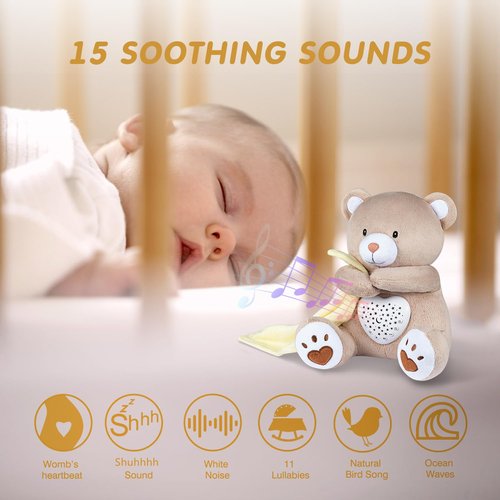 BEREST Rechargeable Baby Sleep Soother Bear - Heartbeat & Lullabies Night Light Projector for Nursery