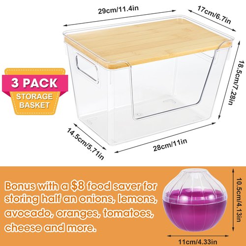 4 Set Pantry Organizers and Potato Onion Storage Bins, Stackable Kitchen Counter Cabinet Basket for Produce, Fruit, Vegetable, Snack Storage, Laundry Organizer Trash Bag Holder with Bamboo Lid