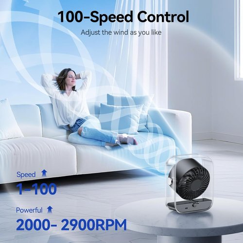 KIMMOO Rechargeable USB Desk Fan - Quiet Table Fan with Turbo Airflow & 100 Speeds | 90° Rotation, Black