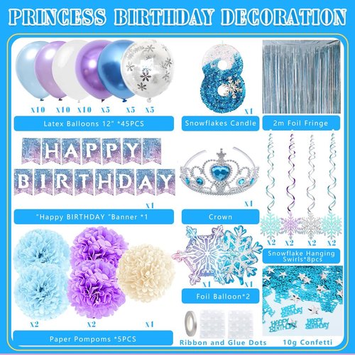 Birthday Decorations for Girls - 8th Birthday Party Supplies with Balloons, Crown & Banner
