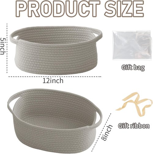 JMvicyroam Woven Storage Baskets - Small Rope Organizer with Handles | Grey | 2-Pack for Shelves & Closets