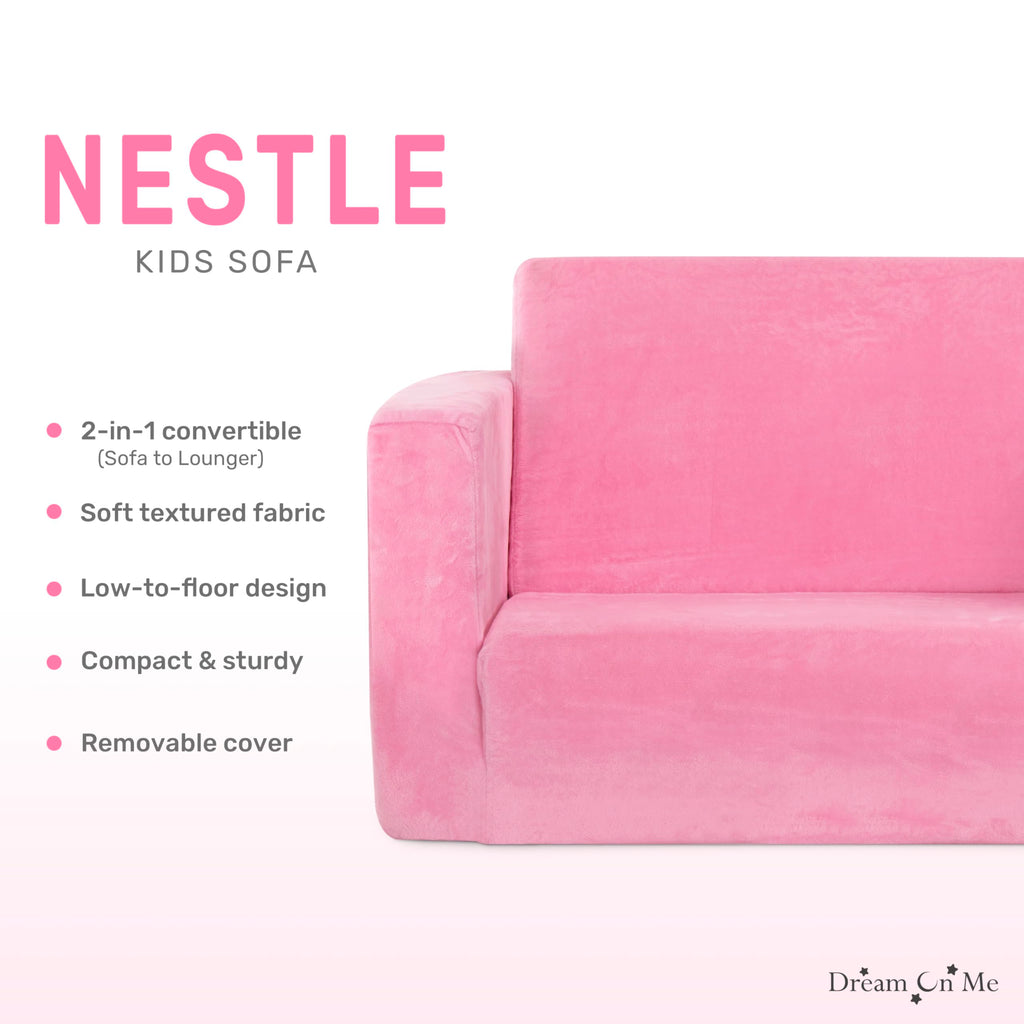 Dream On Me Nestle Kids, Cozy Single Seater, 2-in-1 Convertible Chaise Lounger, High-Density Foam, Sofa Bed Couch, Machine-Washable Fabric Cover, Pink