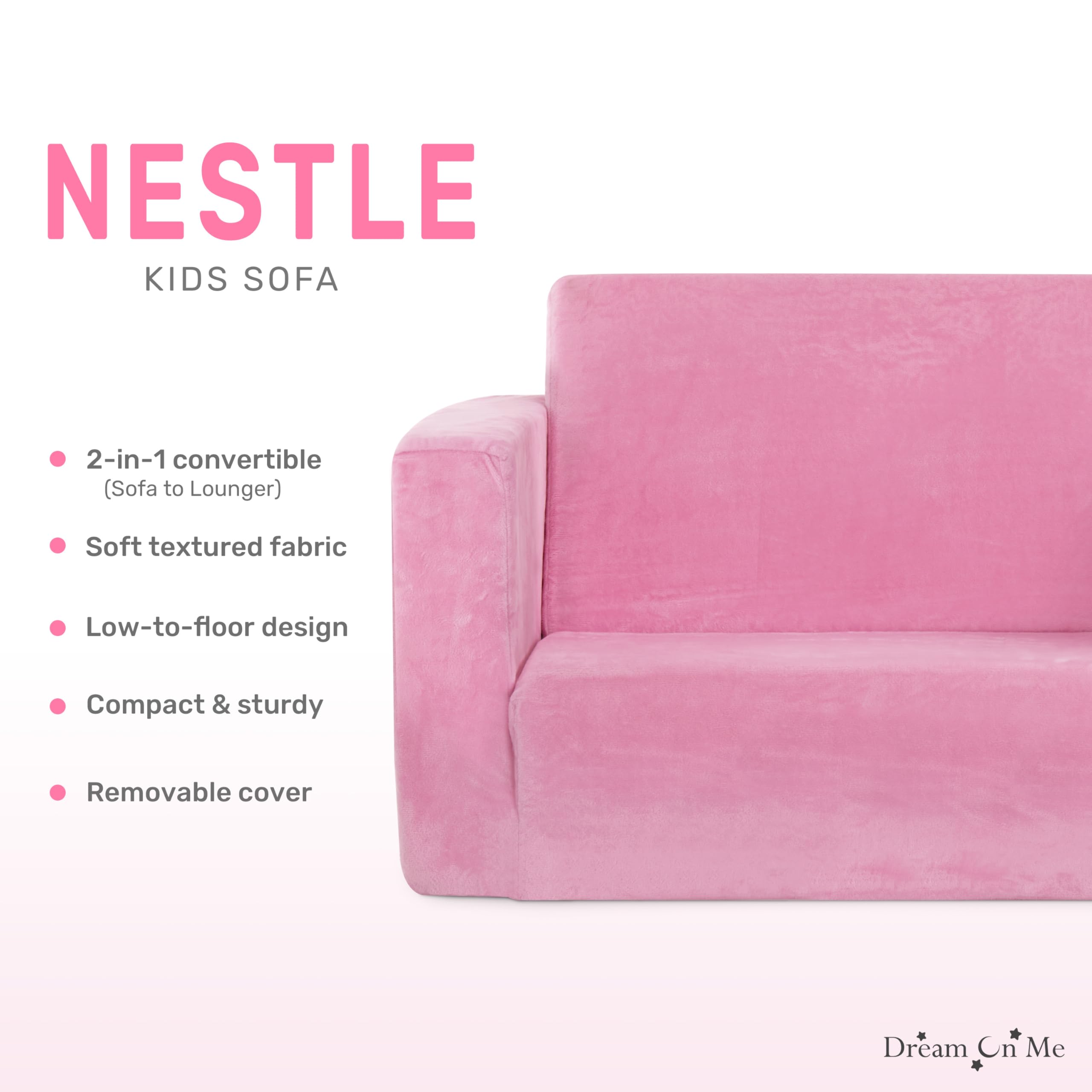Dream On Me Nestle Kids, Cozy Single Seater, 2-in-1 Convertible Chaise Lounger, High-Density Foam, Sofa Bed Couch, Machine-Washable Fabric Cover, Pink