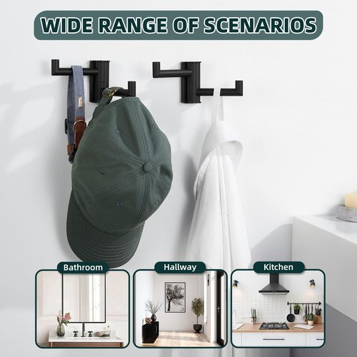 Angle Simple Swivel Towel Hook Matte Black 2 Pack, 304 Stainless Steel Double Robe Hook for Bathroom