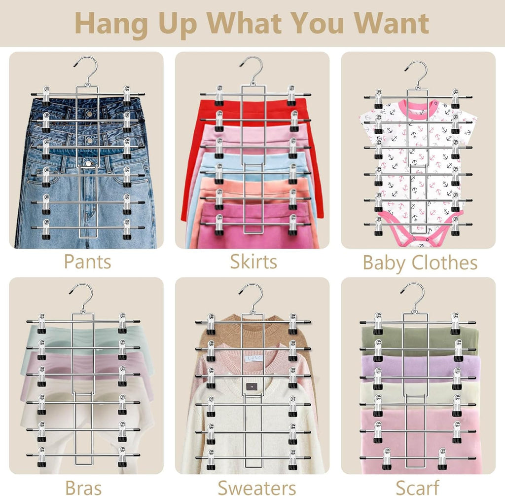 Skiennix Pants Hangers with Clips - Space-Saving 6-Tier Closet Organizer | 360° Swivel Hook - 6 Pack