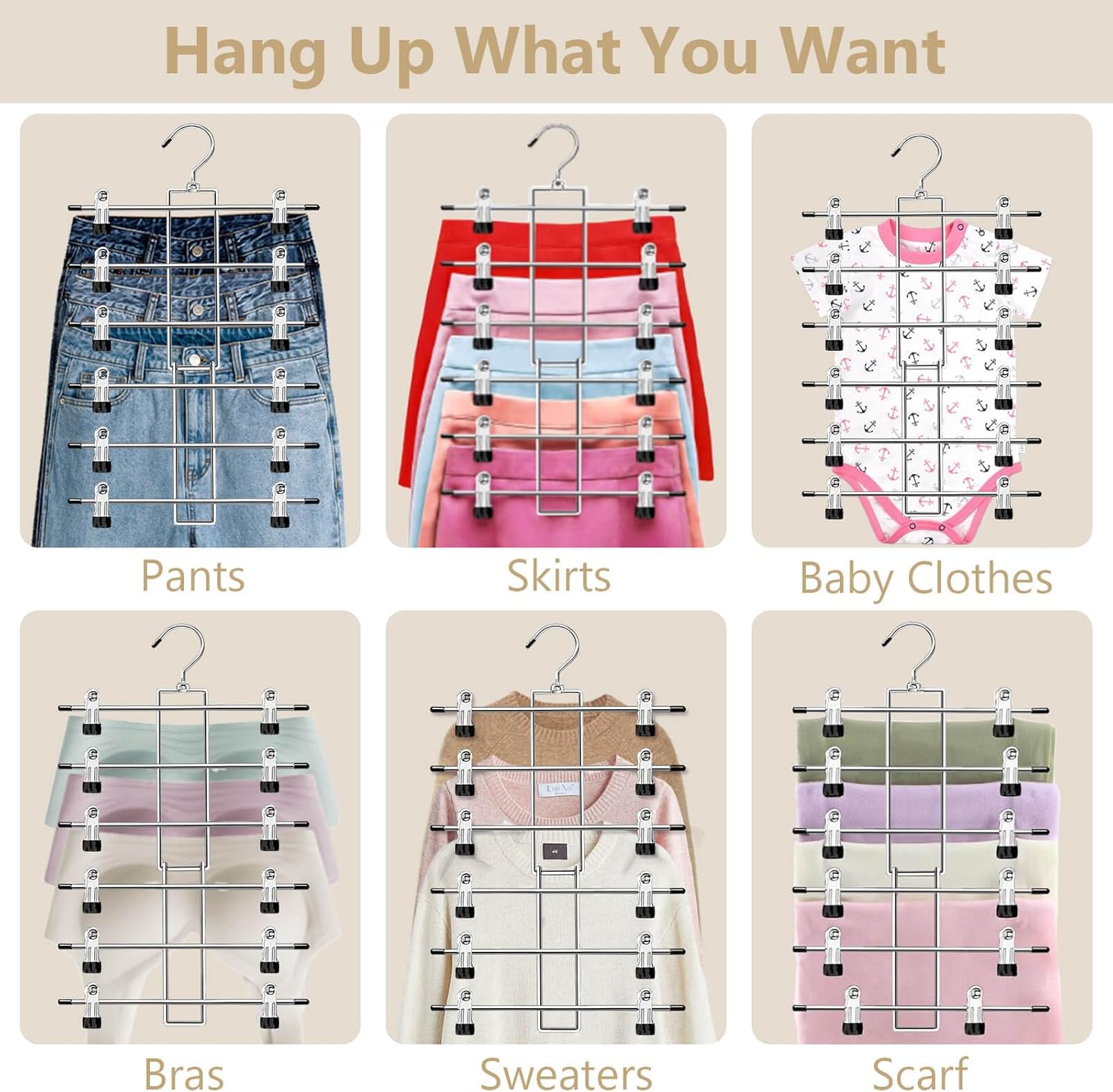 Skiennix Pants Hangers with Clips - Space-Saving 6-Tier Closet Organizer | 360° Swivel Hook - 6 Pack