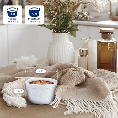 Maison Neuve 4pc Oven Safe Ramekin Set, 8 oz, White Embossed with Textured Design, Small Bowls, Ceramic Baking Dishes, Ideal for Soufflés, Dips, Sauces, and Desserts, Rainbow style Design