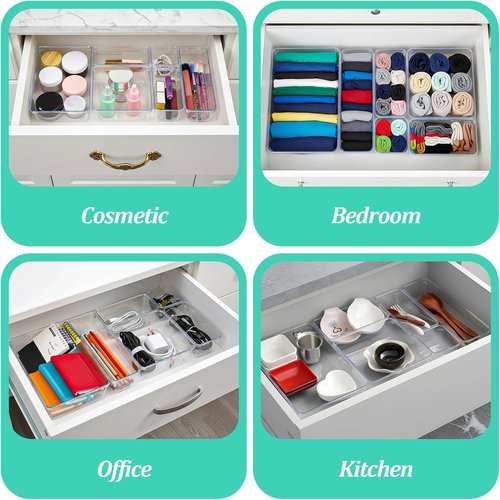 16 Pack Drawer Organizers by [Brand Name] - Versatile Acrylic Storage Bins for Kitchen, Office & Bathroom - Clear