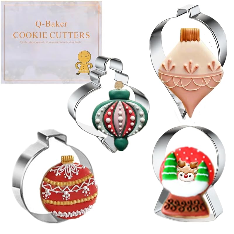 Christmas Ornaments Cookie Cutters 4Pcs Stainless Steel Snow Globe, Round Ornament, Teardrop Bauble Finial Shapes - Variation of THIS listing