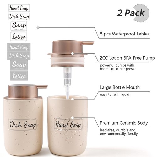 BosilunLife Apricot Soap Dispenser Set - 2 Pack 12oz Ceramic Dish Soap Dispenser with Rust Proof Pump for Kitchen, Hand Soap and Lotion Set Suitable for Farmhouse Bathroom Decor with Waterproof Labels