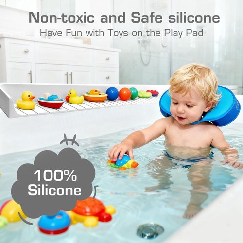 DubiLaka 31.5" Bathtub Splash Guard for Kids & Toddlers - Silicone Play Shelf & Toy Storage Tray with Strong Suction Cups to Prevent Water Spills, No-Leak Fun Bath Time - Tub Toy Holder Ledge,White